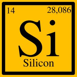 Silicon as it appears in the periodic table on a yellow background.