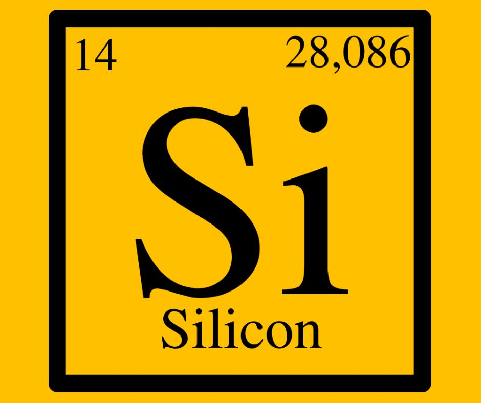 Silicon as it appears in the periodic table on a yellow background.